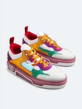 Colorblock Low-Top Sneaker in White, Gold, Green & Purple